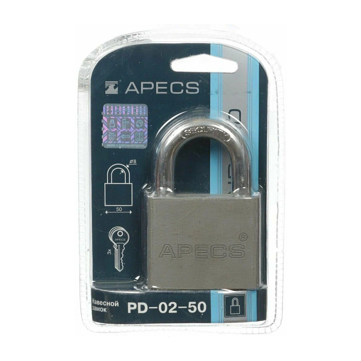 Замок навесной Апекс PD-02-50 50 мм (МВС-125) блистер *1/6/24