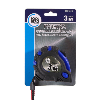 Рулетка 3м х16мм резиновый корпус , 3 фикс., магнит. "T4P" (арт.2501616) *1/12/180