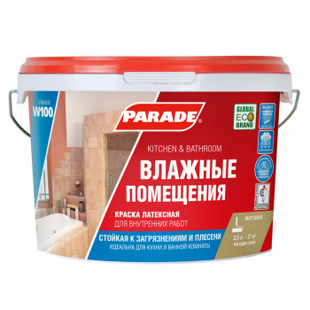 Краска латексная 0.9 л для кухни и ванной PARADE W100, белая база А, матовая, влагостойкая